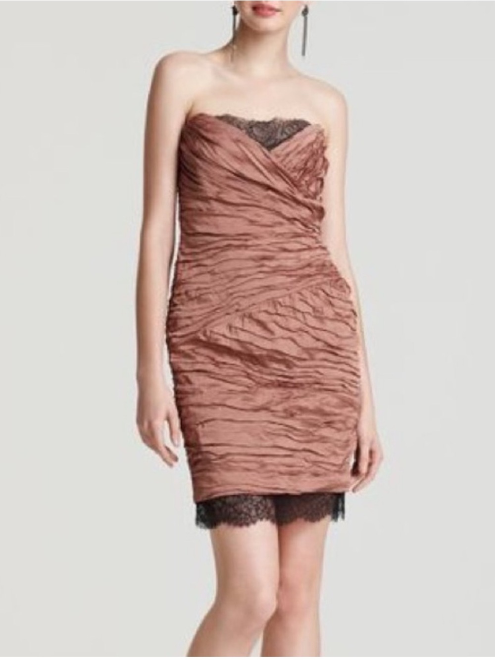 BCBGMaxAzria Strapless Ruched Dress with Black Lace Trim in Dusty Rose